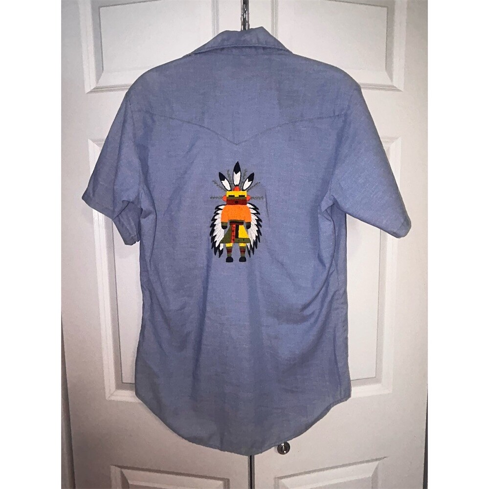 Vintage Sears Western Wear Shirt Mens M Blue Short Sleeve Snap Button-Up Kachina